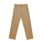 A pair of khaki-colored straight-leg pants laid flat on a white background.