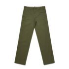 Olive green straight-leg chinos laid flat on a white background.