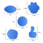 Five blue shapes on a white background, each with dimensions marked in centimeters. Shapes include an oval, a circular paw print, a round circle, a fist, and a thumbs-up. Measurements range from 6.6 cm to 11.5 cm.