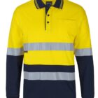 A long-sleeve high-visibility polo shirt with a bright yellow upper section and navy blue lower section. It features reflective silver stripes on the sleeves and torso, a front pocket, and a buttoned collar.