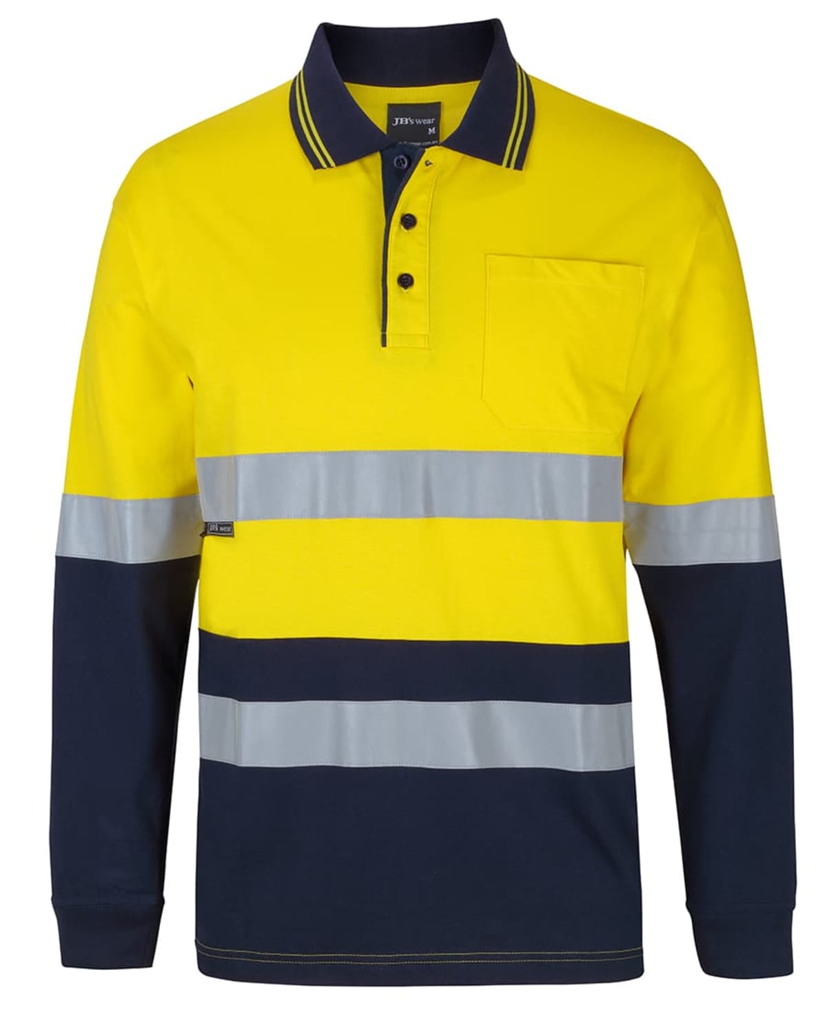 A long-sleeve high-visibility polo shirt with a bright yellow upper section and navy blue lower section. It features reflective silver stripes on the sleeves and torso, a front pocket, and a buttoned collar.