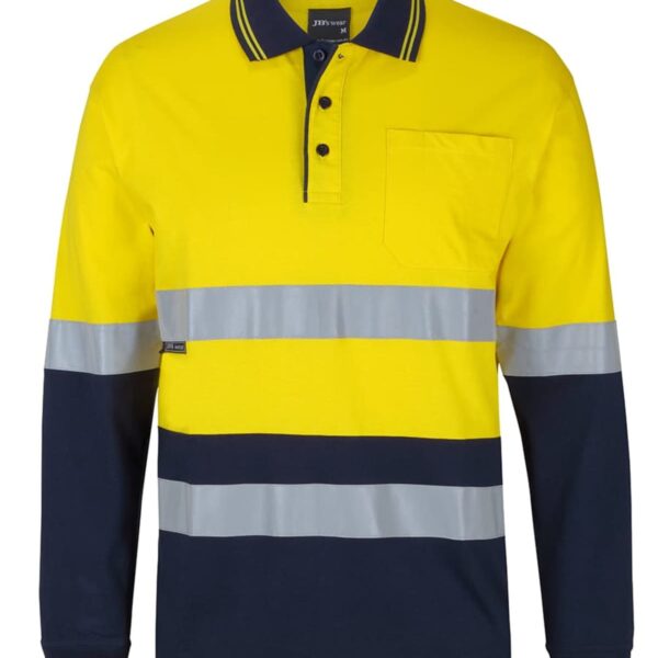 Long-sleeve polo shirt with a bright yellow top and navy lower section. Features include reflective silver stripes across the chest and sleeves, a pocket on the left chest, and a button-up collar.
