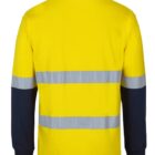 A long-sleeved, yellow high-visibility safety shirt with two horizontal reflective silver stripes across the back. The sleeves are black from the elbows down, and the collar is dark with a yellow stripe.