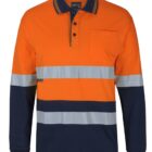 Long-sleeved orange and navy high-visibility work shirt with a collar. It features reflective silver stripes across the chest and midsection, a button placket, and a chest pocket.