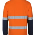 Orange high-visibility long-sleeve shirt with reflective stripes across the chest, back, and arms; features dark blue sleeves and collar.