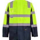 Bright yellow and navy blue high-visibility safety jacket with reflective grey strips on the chest, arms, and shoulders. The jacket features large pockets and a high collar, suitable for outdoor or work environments.