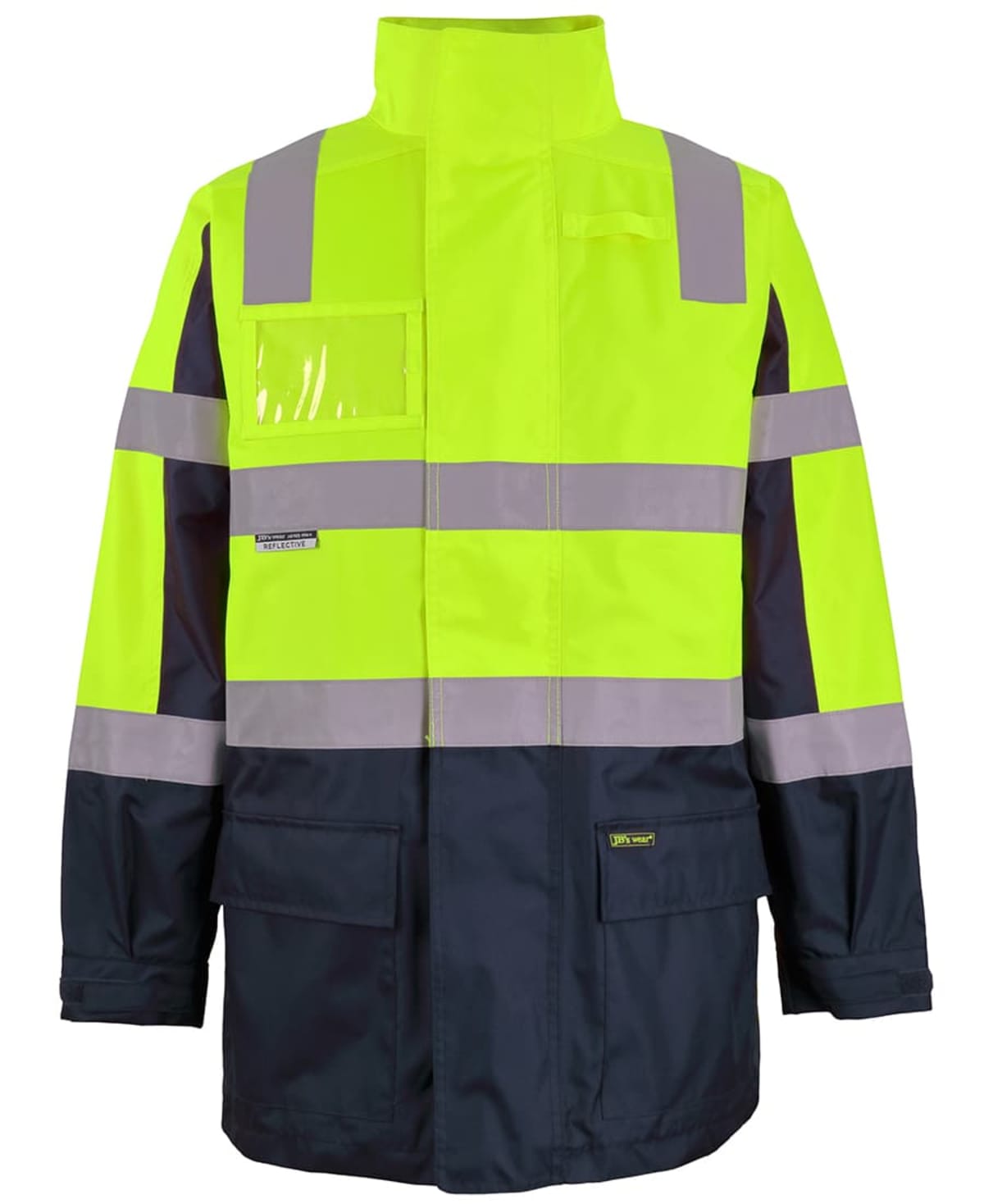 Bright yellow and navy blue high-visibility safety jacket with reflective grey strips on the chest, arms, and shoulders. The jacket features large pockets and a high collar, suitable for outdoor or work environments.