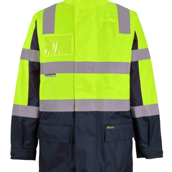 Bright yellow and navy high-visibility jacket with reflective silver stripes across the chest, arms, and back. The jacket features a high collar, a transparent chest pocket, and dark lower sleeves.