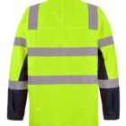 A high-visibility safety jacket in bright yellow with gray reflective stripes across the chest, back, and arms. The jacket has a high collar and long sleeves.