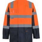 High-visibility safety jacket with bright orange and dark blue sections, featuring reflective silver stripes. It has multiple pockets and a transparent ID holder on the chest.