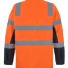 A bright orange high-visibility jacket with reflective gray stripes across the back and sleeves, featuring black fabric on the lower sleeves. The jacket is designed for safety and visibility in work environments.