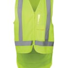 A neon yellow safety vest with reflective silver stripes, featuring a front zipper and a clear pocket on the left chest. The lower back has extra fabric extending downwards for added visibility.