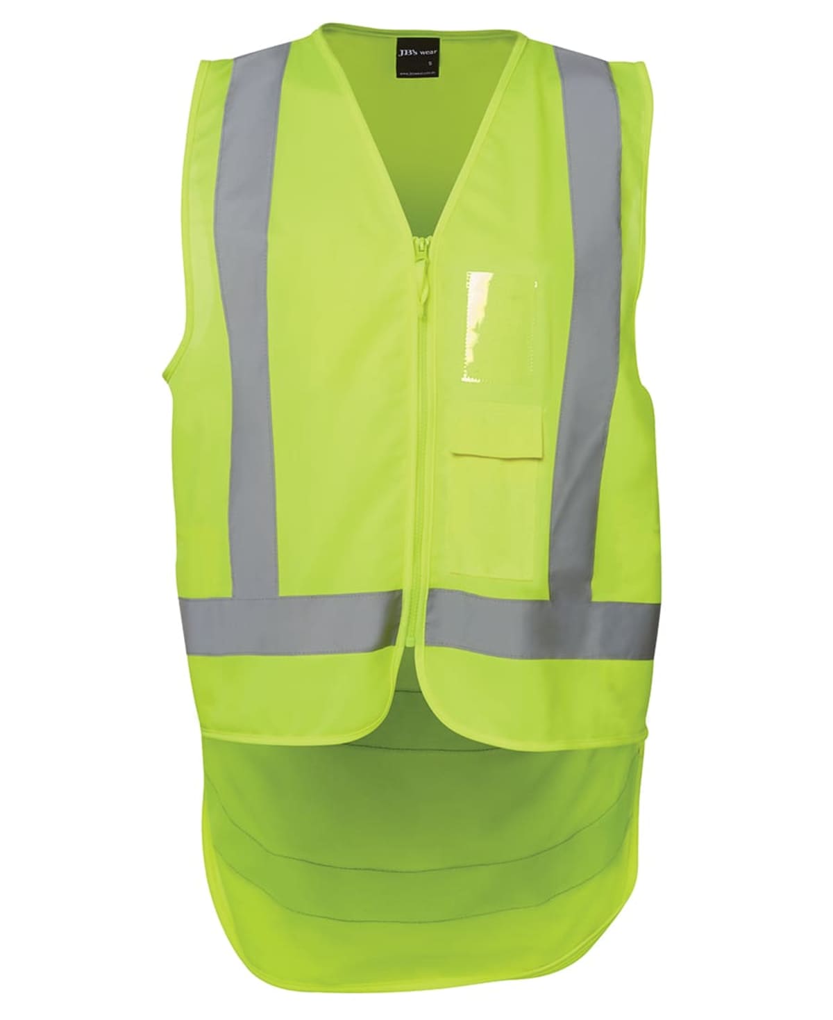 A neon yellow safety vest with reflective silver stripes, featuring a front zipper and a clear pocket on the left chest. The lower back has extra fabric extending downwards for added visibility.