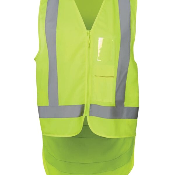 A bright neon yellow safety vest with grey reflective stripes on the front and sides. The vest features a zipper closure and a pocket on the left chest. It has an extended back for additional coverage.