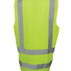 A bright yellow safety vest with reflective silver stripes. The vest is laid flat, showing the back design with vertical and horizontal reflective lines for visibility.