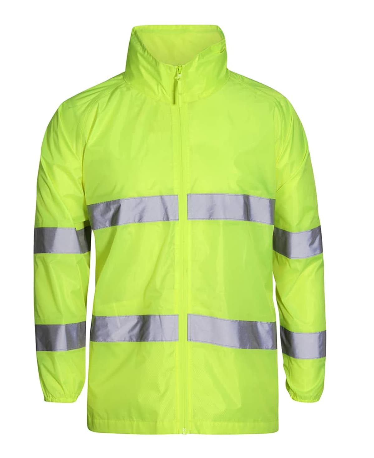 Neon yellow reflective safety jacket with silver stripes on chest and arms.