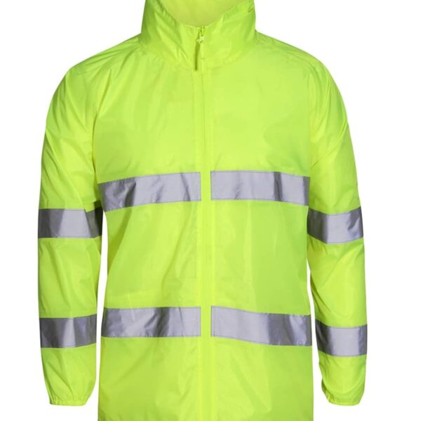 Neon yellow safety jacket with silver reflective stripes on sleeves and torso.