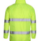 Bright yellow reflective safety jacket with silver horizontal stripes, shown from the back.
