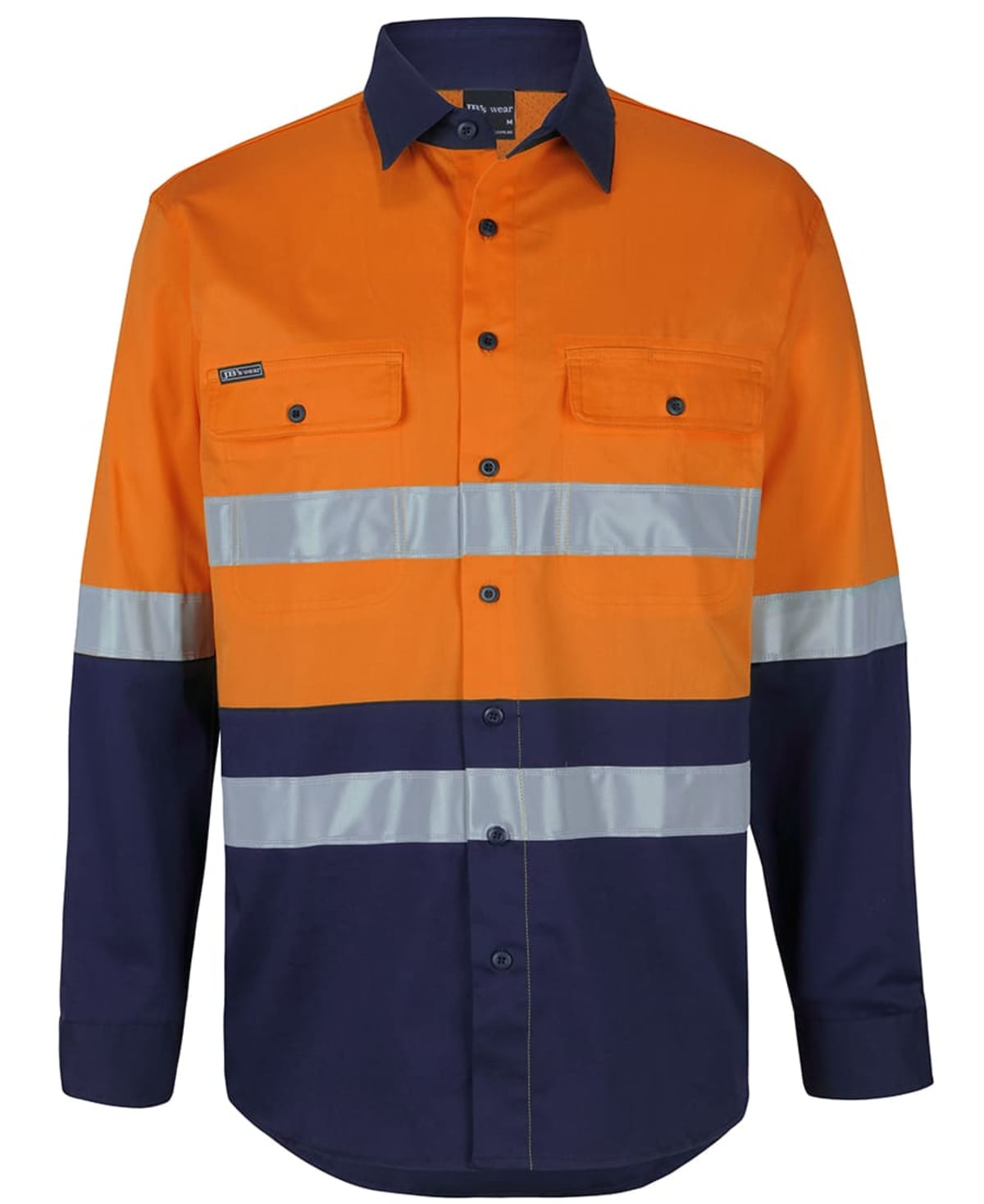 High-visibility orange and navy work shirt with reflective stripes and buttoned pockets.