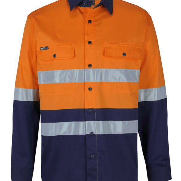 Long-sleeve work shirt, orange top, navy bottom, with reflective silver horizontal stripes.