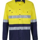 Long-sleeve high-visibility yellow and navy work shirt with reflective horizontal stripes.