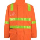 Bright orange safety jacket with reflective yellow-green stripes on chest and arms.