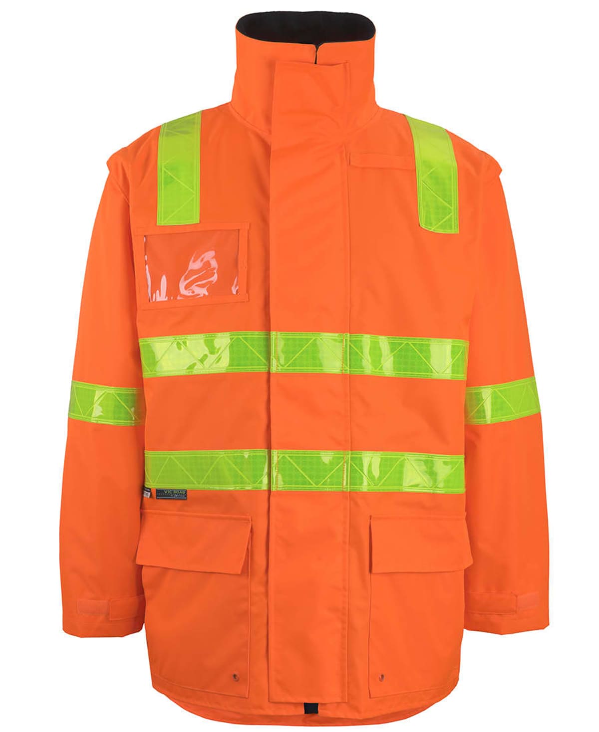 Bright orange safety jacket with reflective yellow-green stripes on chest and arms.