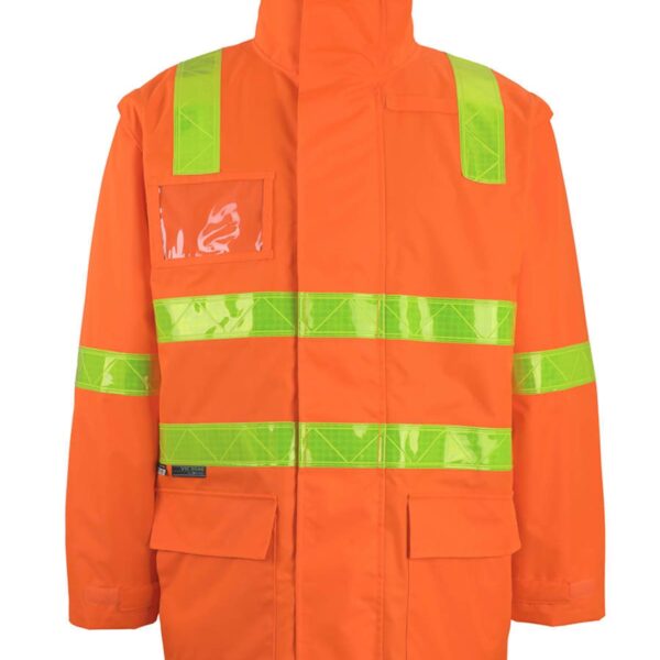 Bright orange high-visibility jacket with neon yellow reflective stripes on chest and arms.