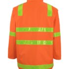 Orange safety jacket with bright yellow-green reflective stripes, displayed from the back.