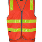 Bright orange safety vest with yellow reflective stripes and a front zipper.