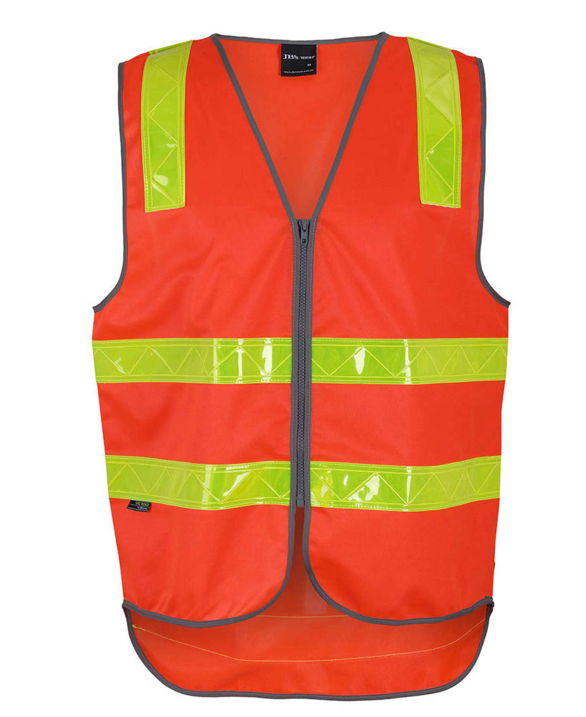 Bright orange safety vest with yellow reflective stripes and a front zipper.