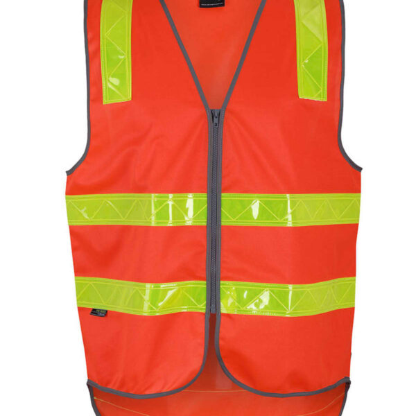 Bright orange safety vest with yellow reflective stripes and a front zipper.