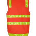 Bright orange safety vest with yellow reflective stripes, shown from the back.