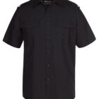 A black short-sleeve button-up shirt displayed against a white background. It features two chest pockets with flaps and button closures, and shoulder epaulettes.