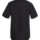 Back view of a black short-sleeve button-up shirt. It features a collared neckline, a straight cut, and a box pleat at the center. The fabric appears smooth and slightly reflective, with shoulder epaulets adding a structured look.