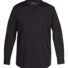 A black long-sleeve button-up shirt with two chest pockets and buttoned flaps, displayed against a plain white background.