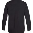 The image shows the back view of a long-sleeved black shirt with buttoned cuffs and a pleat in the center. The shirt has a classic collar and shoulder epaulets.