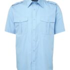 Light blue short-sleeve button-up shirt with two chest pockets and epaulettes on the shoulders. The shirt has a pointed collar and a classic fit.