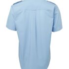 Back view of a light blue, short-sleeve button-down shirt with a collar and two shoulder epaulets. The shirt features a straight hem and back pleats for a relaxed fit.