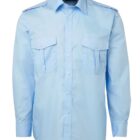 Light blue, long-sleeve button-up shirt with epaulettes and two chest pockets, each pocket featuring a flap with a button closure. The shirt is displayed against a plain white background.