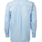 A light blue, long-sleeve dress shirt is displayed from the back. It features buttoned cuffs, a pleated back, and a collar. The shirt appears smooth and neatly ironed.