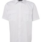 A plain white, short-sleeved button-up shirt with two chest pockets. The shirt is displayed on a white background.