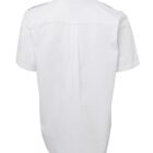 A short-sleeved white button-up shirt shown from the back. The shirt features a straight hem and a pleat down the middle for added comfort and style.