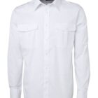 White long-sleeve button-up shirt with a collared design. Two chest pockets with flaps are visible. The shirt is neatly pressed and displayed on a plain background.