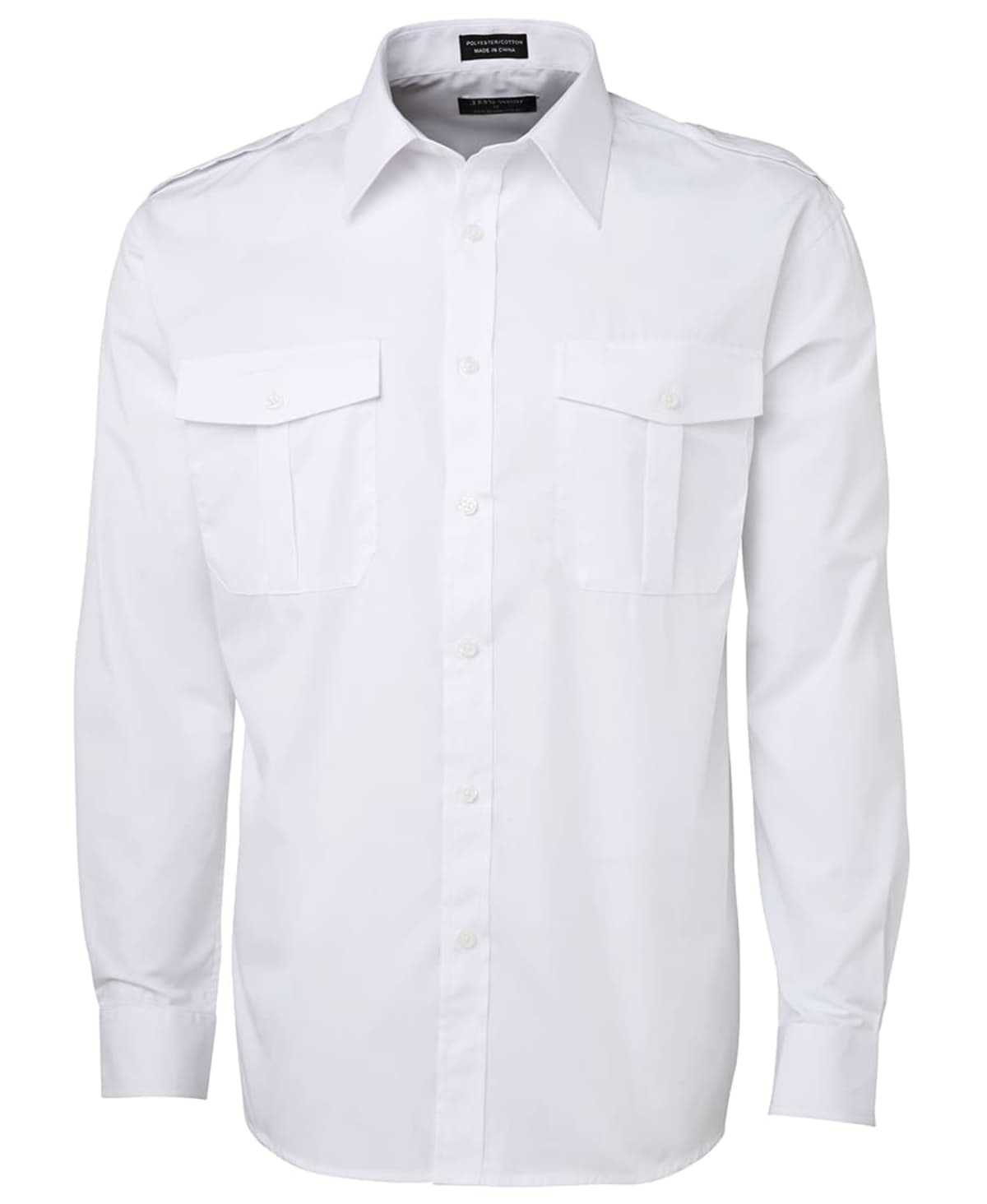 White long-sleeve button-up shirt with a collared design. Two chest pockets with flaps are visible. The shirt is neatly pressed and displayed on a plain background.