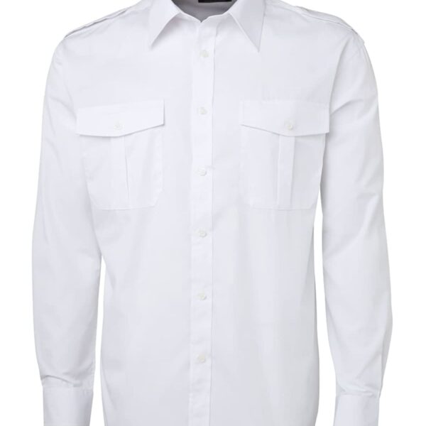 White long-sleeve button-up shirt with two chest pockets, buttoned flaps, and a collar. The shirt is displayed on a plain white background.