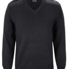 Black V-neck sweater with shoulder patches and decorative epaulets.