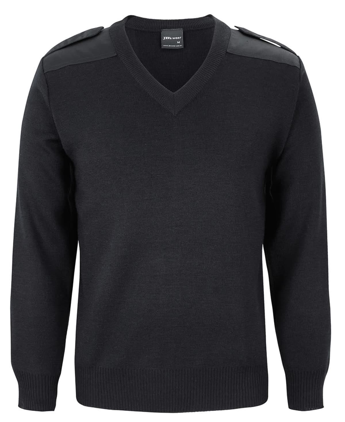 Black V-neck sweater with shoulder patches and decorative epaulets.