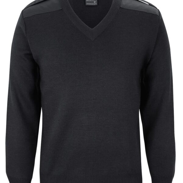 A black sweater with a V-neck and shoulder patches is displayed against a plain background. The sweater has ribbed cuffs and hem, with a soft texture and a tag on the inner neckline.