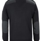 A black sweater features dark shoulder and elbow patches. The sweater has a round neckline and a ribbed hem, with long sleeves. The back view of the sweater is shown.
